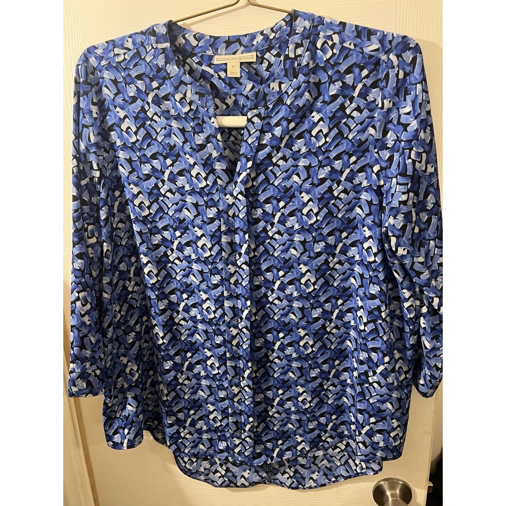 Dana Buchman Blue Print Art-to-Wear Poncho Top Shirt Blouse Size Large